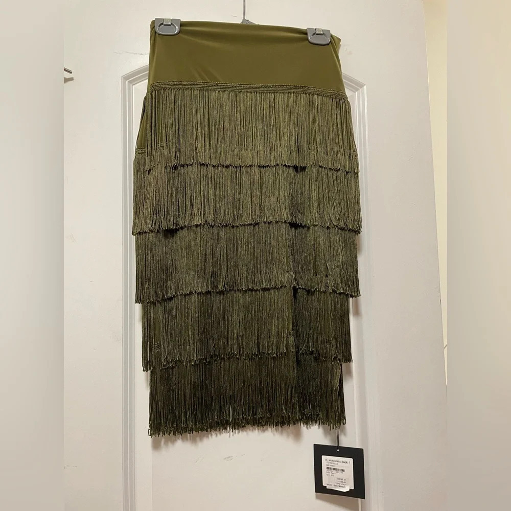 Norma Kamali green fringe midi skirt in size S